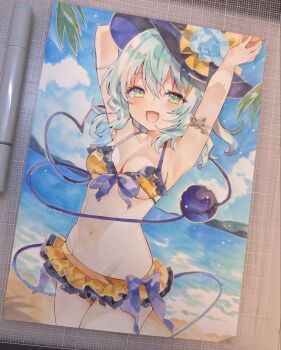 1girl :d alternate_costume arms_up art_tools_in_frame beach bikini black_hat blue_sky blush bow breasts cleavage cloud commentary_request day disembodied_linked_eye eyeball green_eyes green_hair groin hat hat_bow heart heart_of_string highres komeiji_koishi looking_at_viewer medium_breasts navel ocean open_mouth outdoors photo_(medium) q_sakura sky smile solo stomach swimsuit touhou traditional_media water yellow_bikini yellow_bow