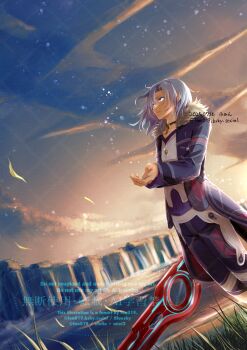 1boy alvis_(xenoblade) blue_eyes bluesky_username closed_mouth cloud dated dawn floating_hair fon_(fon_dq) fur-trimmed_jacket fur_trim grass grey_hair highres holding holding_sword holding_weapon jacket long_hair male_focus monado outdoors solo standing sword watermark watermark_grid weapon xenoblade_chronicles_(series) xenoblade_chronicles_1