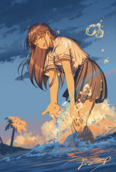 1girl absurdres ahoge beach black_skirt brown_eyes brown_hair commentary_request highres leaning_forward long_hair looking_at_viewer one_eye_closed open_mouth original palm_tree pleated_skirt school_uniform serafuku signature skirt smile solo splashing standing teardrops_(user_vgvd7733) tree wading