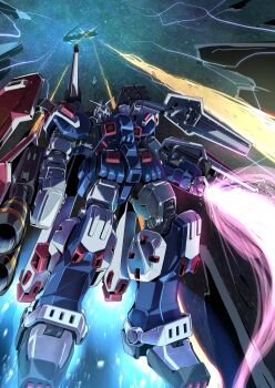 beam_cannon electricity energy_sword full_armor_gundam gundam gundam_thunderbolt holding holding_sword holding_weapon humanoid_robot mecha mobile_suit no_humans o&#039;neill_cylinder robot sakusakusakurai science_fiction shield shoulder_cannon solo space space_habitat sword v-fin weapon yellow_eyes