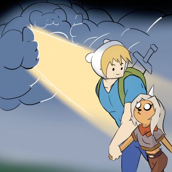 1boy 1girl absurdres adventure_time bronwyn cloud finn_the_human highres holding_hands jake_the_dog scuttosaurus_(twitter)