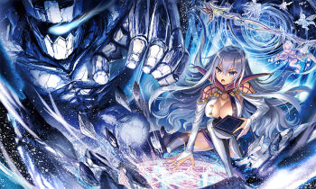 >:o 1girl :o akabane_(zebrasmise) blue_eyes book breasts bridal_gauntlets cleavage dress fairy garter_straps golem hair_between_eyes high_collar holding holding_book isabelle_(shadowverse) kneeling large_breasts long_hair looking_at_viewer magic_circle multicolored_hair open_mouth pentacle purple_hair shadowverse short_dress summoning thighhighs two-tone_hair v-shaped_eyebrows very_long_hair white_hair