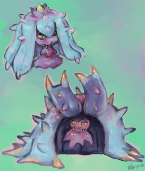 Rule 34 | colored sclera, evolutionary line, fangs, gen 7 pokemon, green eyes, looking at viewer, mareanie, nintendo, no humans, paupy-art, pokemon, pokemon (creature), spikes, toxapex, yellow sclera