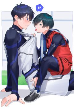!? 2boys absurdres age_difference aged_down blue_eyes blue_hair blue_lock blue_lock_bodysuit blush chikuwa_(dr0603) child closed_mouth commentary_request green_eyes green_hair highres isagi_yoichi itoshi_rin male_focus multiple_boys pulling_another&#039;s_clothes short_hair sitting spoken_interrobang sweat tongue tongue_out