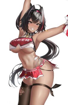 1girl asoberis bandaid bandaid_on_arm bandaid_on_hip bandaid_on_stomach bandaid_on_thigh bay_(nikke) black_hair blush breasts cheerleader collar crop_top dark-skinned_female dark_skin goddess_of_victory:_nikke hair_intakes highres holding holding_pom_poms large_breasts lock long_hair looking_at_viewer mole mole_on_stomach mole_under_mouth multicolored_hair navel padlock padlocked_collar panties pom_pom_(cheerleading) pom_poms ponytail red_hair skirt solo spiked_collar spikes star_(symbol) star_sticker sticker sticker_on_face streaked_hair thighhighs two-tone_skirt two-tone_tank_top underwear