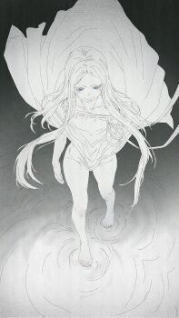 1girl barefoot blue_eyes bottomless cape lorum pandora_(re:zero) re:zero_kara_hajimeru_isekai_seikatsu solo walking