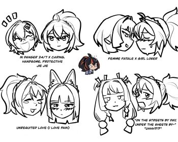 5girls animal_ears belle_(zenless_zone_zero) black_hair blush closed_eyes closed_mouth commentary eimikosmoothie english_commentary english_text fox_ears greyscale hair_ornament highres hoshimi_miyabi jane_doe_(zenless_zone_zero) loading_icon long_hair monochrome mouse_ears multicolored_hair multiple_girls notice_lines open_mouth ponytail qingyi_(zenless_zone_zero) red_hair short_hair sidelocks smile sphere_hair_ornament spot_color streaked_hair sweatdrop twintails yuri zenless_zone_zero zhu_yuan