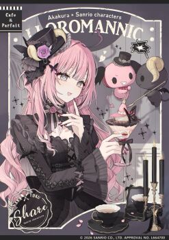 Rule 34 | 1girl, 2026, akakura, artist name, berry (sanrio), black butterfly, black dress, black hat, bug, butterfly, character name, cherry (sanrio), commentary request, cup, dress, flower, food, grey eyes, hand up, hat, hat flower, heart, heart-shaped pupils, highres, ice cream, insect, lloromannic, long hair, long sleeves, looking at object, official art, open mouth, pink hair, plate, purple flower, purple rose, red nails, rose, sanrio, smile, symbol-shaped pupils, teacup, top hat, very long hair