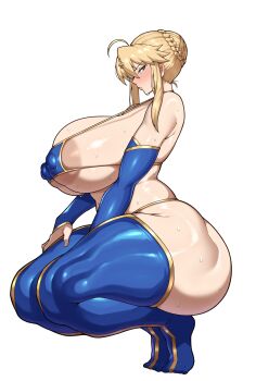 1girl absurdres ahoge alternate_breast_size_(larger) areola_slip artoria_pendragon_(fate) artoria_pendragon_(lancer)_(fate) ass bare_shoulders bikini blonde_hair blue_bikini blue_gloves blue_thighhighs blush braid braided_bun breasts bridal_gauntlets covered_erect_nipples curvy elbow_gloves fate/grand_order fate_(series) french_braid from_side full_body gigantic_breasts gloves green_eyes hair_between_eyes hair_bun highres huge_ass huge_breasts intruder_(1391685345) large_areolae looking_at_viewer micro_bikini sidelocks simple_background solo squatting sweat swimsuit thick_thighs thighhighs thighs tiptoes toned toned_female white_background