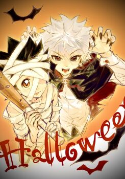 2boys :q alternate_costume baseball_bat black_hair brown_eyes fangs from_above gelb gon_freecss halloween hunter_x_hunter killua_zoldyck looking_at_viewer male_focus multiple_boys orange_background red_pupils short_hair tongue tongue_out vampire_costume white_hair