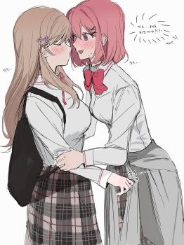 2girls @_@ amaori_renako ashigaya_high_school_uniform backpack bag blush bow bowtie brown_hair closed_eyes closed_mouth clothes_around_waist collared_shirt commentary_request grey_skirt highres ilpal118618 imminent_kiss korean_commentary korean_text long_hair looking_at_another medium_hair multiple_girls pink_bow pink_bowtie pink_hair plaid_clothes plaid_skirt purple_eyes school_uniform sena_ajisai shirt simple_background skirt sweater sweater_around_waist translation_request watashi_ga_koibito_ni_nareru_wake_naijan_murimuri! white_background white_shirt yuri