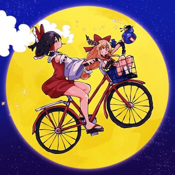 2girls bare_shoulders bicycle black_hair black_shoes blue_skirt blush cigarette commentary detached_sleeves e.t. expressionless from_side full_body full_moon gourd gram_9 grin hakurei_reimu highres holding holding_gourd horns ibuki_suika legs long_hair looking_at_viewer medium_hair moon multiple_girls no_socks orange_eyes orange_hair parody red_shirt red_skirt sandals shirt shoes skirt sky sleeveless sleeveless_shirt smile smoke smoke_trail smoking socks star_(sky) starry_sky thighs touhou white_shirt white_socks