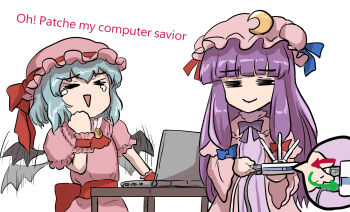 &gt;_&lt; 2girls =_= ascot bat_wings blue_bow blue_hair blue_ribbon bow bowtie brooch capelet clenched_hand closed_eyes closed_mouth completely_unamused computer crescent crescent_hat_ornament crescent_pin dress english_text hat hat_ornament hat_ribbon jewelry laptop long_hair medium_hair mob_cap multiple_girls namiki_(remiter00) patchouli_knowledge pink_capelet pink_hat pink_robe purple_bow purple_bowtie purple_hair purple_hat red_ascot red_bow remilia_scarlet ribbon robe router simple_background striped_clothes striped_dress tearing_up touhou unamused vertical-striped_clothes vertical-striped_dress wing_flapping wings wrist_cuffs