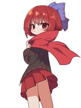 Rule 34 | 1girl, black shirt, bow, capelet, commentary, cowboy shot, hair bow, highres, looking at viewer, looking back, magg (user mtca8588), miniskirt, purple bow, red capelet, red eyes, red hair, red skirt, sekibanki, shirt, skirt, solo, standing, touhou