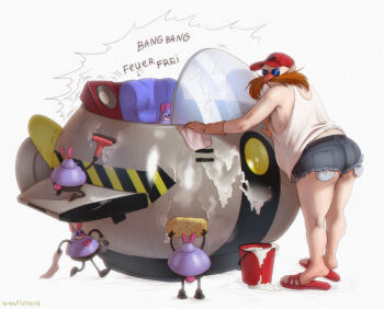 1boy alternate_costume artist_name ass bare_shoulders baseball_cap belt blue-tinted_eyewear blue_shorts brown_gloves bucket car_wash closed_mouth denim denim_shorts dr._eggman facial_hair facing_viewer fat fat_man feet from_behind full_body german_text glasses gloves hat heart heel_up holding holding_cloth holding_sponge kneepits legs looking_back male_focus musical_note mustache pince-nez pocket rammstein_(band) red_hat red_sandals round_eyewear sandals seat shirt short_shorts shorts signature simple_background sleeveless sleeveless_shirt soap_bubbles solo sonic_(series) speaker sponge standing sunglasses thighs tinted_eyewear torn_clothes torn_shorts totesfleisch8 washing_vehicle white_background white_shirt