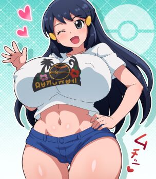 Rule 34 | absurdres, akari (pokemon), breasts, highres, hitokiwa kenchin, huge breasts, micro shorts, navel, nintendo, pokemon, pokemon legends: arceus, short shorts, shorts, solo