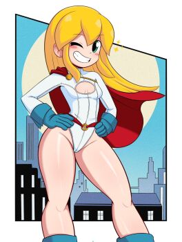 1girl blonde_hair blue_gloves blush_stickers border cape city cleavage_cutout clothing_cutout cowboy_shot full_moon gloves green_eyes grin hands_on_own_hips kurokiart97 leotard long_hair long_sleeves looking_at_viewer mega_man_(series) moon night night_sky one_eye_closed power_girl_(cosplay) red_cape roll_(mega_man) shiny_skin sky smile solo standing white_border white_leotard wink