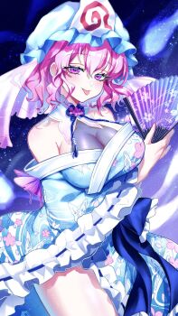 1girl :p adapted_costume animal_print arm_under_breasts blue_hat blue_kimono blush breasts butterfly_print cleavage commentary_request floral_print folding_fan frilled_kimono frills hand_fan hat highres hitodama holding holding_fan japanese_clothes kimono large_breasts looking_at_viewer mob_cap pink_eyes pink_hair print_kimono saigyouji_yuyuko sleeve_garter solo thick_thighs thighs tongue tongue_out touhou triangular_headpiece tsubakiharuki