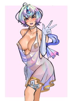 1girl breasts cleavage fire_emblem fire_emblem_heroes functionally_nude large_breasts lingerie looking_at_viewer midriff multicolored_eyes multicolored_hair navel nintendo see-through_clothes seidr_(fire_emblem) short_hair solo sunbeam_(artist) underwear unfinished victory_pose