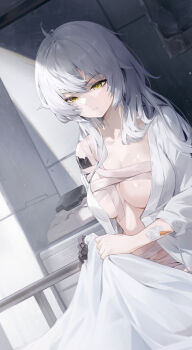 1girl breasts closed_mouth commentary_request dutch_angle goddess_of_victory:_nikke goomrrat highres indoors intravenous_drip large_breasts long_hair loose_bandages mechanical_hands open_clothes open_shirt serious shirt single_mechanical_hand snow_white_(nikke) solo white_shirt yellow_eyes