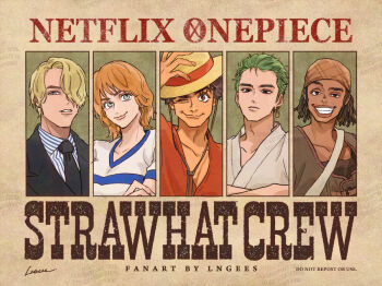 1girl 4boys black_hair black_jacket black_necktie blonde_hair blue_eyes closed_mouth commentary copyright_name earrings green_hair grin hat jacket jewelry lngees looking_at_viewer monkey_d._luffy multiple_boys nami_(one_piece) necktie one_eye_closed one_piece one_piece_(live_action) orange_hair red_vest roronoa_zoro sanji_(one_piece) shirt short_hair smile straw_hat straw_hat_pirates upper_body usopp vest white_shirt