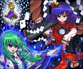 3girls blue_aura danmaku detached_sleeves facing_away floating_rock frog frog_hair_ornament glowing green_hair hair_ornament hair_tubes johnnie kochiya_sanae layered_sleeves leaf_hair_ornament long_sleeves looking_to_the_side mirror moriya_suwako mountain_of_faith multiple_girls nontraditional_miko onbashira outline purple_hair purple_skirt rope shimenawa short_over_long_sleeves short_sleeves single_hair_tube sitting skirt skirt_set snake snake_hair_ornament touhou white_outline wide_sleeves yasaka_kanako