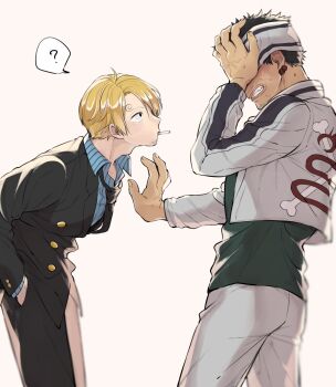 Rule 34 | 2boys, ?, adam's apple, black hair, black jacket, black necktie, black pants, blonde hair, blue shirt, collared shirt, commentary request, covering own face, curly eyebrows, earrings, gin (one piece), goma1132, headband, highres, jacket, jewelry, long sleeves, looking at another, male focus, multiple boys, necktie, one piece, pants, sanji (one piece), shirt, short hair, simple background, smoking, spoken question mark, thick lips, white jacket