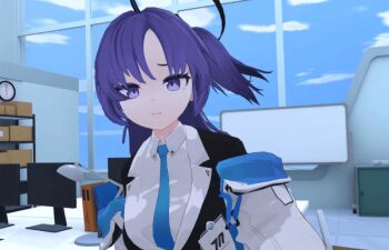 1girl angry animated animated_gif black_coat black_gloves black_halo blue_archive blue_eyes blue_hair blue_necktie blue_sky box cardboard_box chair cloud cloudy_sky coat collared_shirt commentary_request computer file gloves halo incoming_attack incoming_punch indoors jacket computer_keyboard lapels long_hair long_sleeves looking_at_viewer mechanical_halo monitor necktie office office_chair park_bandi parted_bangs pov puffy_long_sleeves puffy_sleeves punching shirt sky solo swivel_chair two_side_up v-shaped_eyebrows white_jacket white_shirt yuuka_(blue_archive)