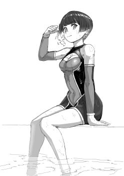 1girl breasts chin_bell closed_mouth commentary_request covered_navel fiery_hair flexing greyscale highres looking_at_viewer medium_breasts monochrome official_alternate_costume one-piece_swimsuit sena_(xenoblade) short_hair side_ponytail simple_background smile soaking_feet solo swimsuit water wet white_background xenoblade_chronicles_(series) xenoblade_chronicles_3
