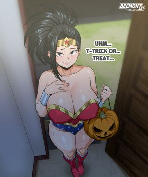 1girl absurdres artist_name belmont_art black_eyes black_hair boku_no_hero_academia breasts cleavage cosplay curvy dc_comics female_focus hand_on_own_chest highres large_breasts matching_hair/eyes solo standing thighs wonder_woman wonder_woman_(cosplay) yaoyorozu_momo