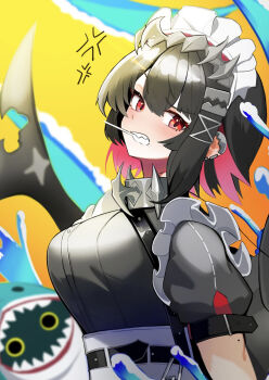 Rule 34 | 1girl, azuki pii, bangboo (zenless zone zero), blush, candy, colored inner hair, commentary request, ellen joe, fins, fish tail, food, hairband, highres, lollipop, looking at viewer, maid, metal hairband, mole, mole on arm, multicolored hair, razor blade hair ornament, red eyes, red nails, scar, scar on tail, shark girl, shark tail, short hair, spiked headband, tail, upper body, zenless zone zero