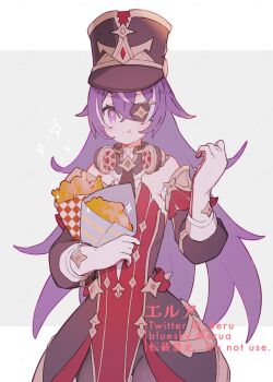 1girl chevreuse_(genshin_impact) commentary_request detached_sleeves dress earmuffs earmuffs_around_neck erua_(_8eru) eyepatch food french_fries genshin_impact gloves grey_background hat highres licking_lips long_hair military_hat mole mole_under_mouth purple_eyes purple_hair red_dress tongue tongue_out twitter_username white_gloves