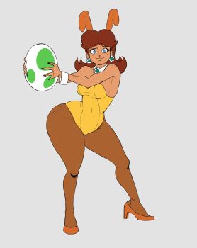 1boy absurdres black_nails blue_eyes body_freckles brown_hair earrings egg freckles freckles_on_thighs high_heels highres jewelry kseg3501 leotard mario_(series) nintendo pantyhose princess_daisy rabbit_ears shoulder_freckles smile yoshi