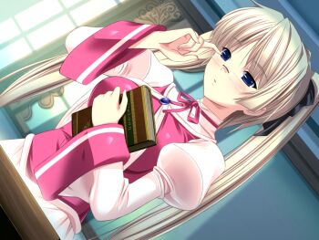 1girl adjusting_eyewear blonde_hair blue_eyes book bow breasts brooch dutch_angle game_cg glasses hair_bow holding holding_book jewelry large_breasts long_hair m&amp;m_(mickey_and_mackey) magical_witch_concerto nathalia_effenberg solo twintails upper_body