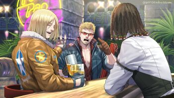3boys alcohol arm_strap bar_(place) beads beer beer_mug billy_kane black_gloves black_vest blonde_hair blue_jacket bo_staff bob_wilson bomber_jacket brown_jacket closed_eyes cup dreadlocks dress_shirt facial_hair fatal_fury fatal_fury:_city_of_the_wolves fingerless_gloves fur-trimmed_jacket fur_trim gloves goatee hair_beads hair_ornament highres holding holding_cup jacket leather leather_jacket long_hair looking_at_another male_focus mug multiple_boys open_mouth partially_unbuttoned pectoral_cleavage pectorals pointing pointing_at_another popped_collar red-tinted_eyewear red_shirt shirt short_hair sitting sleeves_rolled_up smile sunglasses terry_bogard tinted_eyewear twitter_username vest waiter white_shirt yorozu