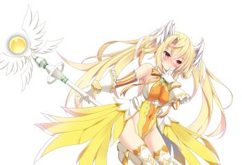 1girl bare_shoulders blonde_hair blush boots bow breasts chest_jewel chikubi_(artist) covered_erect_nipples covered_navel detached_sleeves elbow_gloves game_cg gloves hair_between_eyes hair_ribbon hair_rings head_wings highleg highleg_leotard holding holding_staff holding_wand kusarou large_breasts large_variant_set leg_up leotard long_hair magical_girl mahou_shoujo_inori mamiya_seira non-web_source official_art orb red_eyes ribbon sideboob simple_background solo staff standing striped_clothes thigh_boots thighhighs transparent_background twintails variant_set very_long_hair wand white_gloves white_ribbon wings yellow_leotard