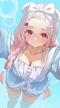 1girl absurdres animal_ears bandaid bandaid_hair_ornament bangs_pinned_back bear_ears bloomers blue_background blue_jacket blue_thighhighs blush bra braid breasts bubble cleavage closed_mouth collarbone commentary crossed_bandaids folma from_above hair_ornament hairclip hashtag-only_commentary highres jacket large_breasts long_hair long_sleeves looking_at_viewer navel nijisanji pink_eyes pink_hair ribbon shiina_yuika shiina_yuika_(13th_costume) smile solo stomach striped_clothes striped_thighhighs thighhighs thighs twin_braids two-tone_thighhighs underwear virtual_youtuber white_bloomers white_bra white_ribbon white_thighhighs