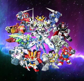 bismarck_(sei_juushi_bismarck) chibi copyright_request crossover ginsoukikou_ordian glowing glowing_eye godam gowappaa_5_godam gundam heterochromia highres holding holding_lance holding_polearm holding_sword holding_weapon idolmaster idolmaster_xenoglossia imber kikou_souseiki_mospeada lance mecha mecha_request mikitoshiyuki mospeada_(mecha) multiple_crossover no_humans open_hand ordian polearm red_eyes robot sei_juushi_bismarck space super_robot super_robot_wars sword tenchi_muyou! tenchi_muyou!_gxp vandread vandread_dita weapon yellow_eyes zinv_(techi_muyou!_gxp)