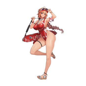 Rule 34 | 1girl, ahoge, ankle strap, arm strap, armband, armpits, bag, benevolent leanne, bracelet, braid, breasts, cameltoe, cleavage, closed mouth, collarbone, covered erect nipples, covered navel, cross, earrings, english text, eyewear on headwear, feet, full body, green eyes, groin, hat, heart, highleg, highleg one-piece swimsuit, highres, holding, holding bag, hoop earrings, jewelry, large breasts, last origin, legs, lifeguard, linea alba, long hair, looking at viewer, multiple bracelets, nail polish, no entry sign, o-ring, o-ring swimsuit, official alternate costume, official art, one-piece swimsuit, orange hair, pink nails, pouch, red armband, red hat, red one-piece swimsuit, road sign, sandals, shoulder bag, sign, simple background, single braid, skindentation, skull, smile, smiley face, solo, standing, standing on one leg, star (symbol), sticker, stop sign, sunglasses, sweat, swimsuit, tachi-e, tan, tanline, thigh pouch, third-party source, toenails, toes, transparent background, tunamayo (dsasd751), visor cap, whistle, whistle around neck, white armband, white hat, white sandals