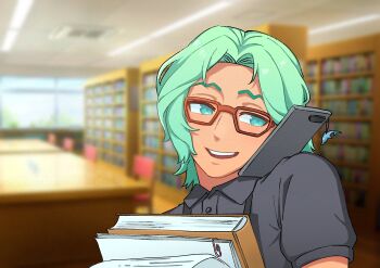 1boy 74000000star :d absurdres black_shirt book cellphone_charm charm_(object) collared_shirt commentary cove_holden dolphin english_commentary glasses green_eyes green_hair grin highres holding holding_book indoors library male_focus official_art_inset official_style omniscient_reader's_viewpoint open_mouth our_life our_life:_beginnings_and_always paperclip parody shirt short_hair smile solo talking_on_phone teeth upper_body upper_teeth_only variant_set