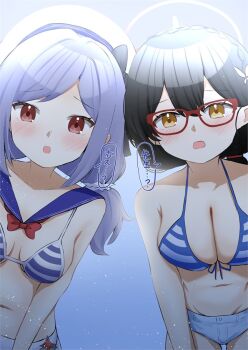 2girls ayane_(blue_archive) ayane_(swimsuit)_(blue_archive) bikini black_hair blue_archive breasts cleavage collarbone commentary_request crossover denim denim_shorts glasses hair_ornament halo hat iris_(stella_sora) kuuwassy large_breasts long_hair looking_at_viewer low_twintails multiple_girls navel official_alternate_costume open_mouth pointy_ears purple_hair red-framed_eyewear red_eyes sailor_hat short_hair short_shorts shorts stella_sora stomach striped_bikini striped_clothes swimsuit translation_request twintails upper_body white_hat yellow_eyes