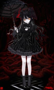 Rule 34 | 1girl, absurdres, black bow, black bowtie, black corset, black dress, black hair, black nails, black shoes, black socks, bow, bow legwear, bowtie, cleavage cutout, clothing cutout, colored skin, commentary request, corset, dress, frilled dress, frilled sleeves, frilled socks, frills, full body, gothic lolita, head wings, highres, holding, holding umbrella, lolita fashion, original, parasol, pleated dress, red pupils, shoes, short dress, sleeve bow, slit pupils, smile, socks, solo, umbrella, white skin, wings, yellow eyes, zhayoulu