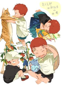 animal arm_up atie1225 bandaid bandaid_on_face bandaid_on_forehead barefoot black_hoodie blue_shorts book bottle cat child closed_mouth colored_pencil coloring_book commentary crocs crossed_legs dinosaur drinking_straw fangs hat highres holding holding_animal holding_cat hood hood_down hoodie indian_style long_sleeves looking_at_viewer lying multiple_views on_side open_book open_mouth orange_cat outstretched_arms pencil plant red_footwear red_hair sakuragi_hanamichi shirt short_hair short_sleeves shorts sitting slam_dunk_(series) sleeping straw_hat symbol-only_commentary tabby_cat teeth tomato tongue toy_dinosaur very_short_hair water_bottle white_shirt