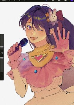 1girl amo_(amo_0514) art_program_in_frame blush bow chinese_commentary commentary_request dress gloves hair_bow hair_ornament hands_up head_tilt heart highres holding holding_microphone hoshino_ai long_hair looking_at_viewer lower_teeth_only microphone music one_eye_closed open_mouth oshi_no_ko parted_bangs partially_colored pink_bow pink_dress pink_gloves procreate_(software) purple_eyes purple_hair rabbit_hair_ornament simple_background singing smile solo spread_fingers star_(symbol) star_hair_ornament star_in_eye symbol_in_eye teeth unfinished upper_body waving white_background