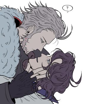 2boys ? arm_up beard beard_stubble black_gloves black_hair black_jacket blue_eyes blue_shirt closed_mouth collared_jacket collared_shirt commentary_request facial_hair fingerless_gloves fur-trimmed_collar fur_trim gloves grey_hair hair_slicked_back hand_on_another&#039;s_face highres jacket korean_commentary long_sleeves lysandre_(pokemon) male_focus mtpiazmtiz multiple_boys nintendo open_mouth pokemon pokemon_legends:_z-a pokemon_xy professor_sycamore shirt short_hair simple_background smile speech_bubble spoken_question_mark stubble wavy_hair white_background white_fur white_jacket yaoi