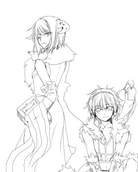 bird book character_request fori greyscale headphones horns monochrome monochrome professor professor_(ragnarok_online) ragnarok_online sitting sketch sniper_(ragnarok_online) standing wink