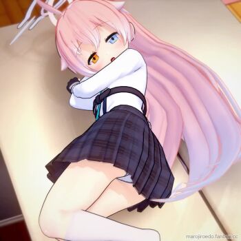 1girl 3d ahoge animated ass bad_tag black_gloves black_skirt blue_archive blue_eyes blue_necktie blurry blurry_background blush depth_of_field female fingerless_gloves gloves halo heterochromia hoshino_(blue_archive) indoors kneehighs koikatsu koikatsu! koikatsu_(medium) legs loli long_hair long_sleeves looking_at_viewer lying marojiro_edo miniskirt necktie no_shoes on_side on_table open_mouth orange_eyes panties pantyshot pink_hair pink_halo plaid plaid_clothes plaid_skirt pleated_skirt school_uniform self-upload shirt skirt socks solo table tagme thighs underwear upskirt very_long_hair video white_headwear white_legwear white_panties white_shirt white_socks white_underwear yellow_eyes