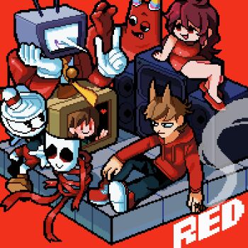 1other 2girls 4boys 9aaaalt29 :d ankle_boots ant_tenna antenna_hair arm_support banban_(garten_of_banban) bare_arms bare_legs bare_shoulders bendy_straw black_eyes black_pants boots brown_boots brown_hair chara_(undertale) cigar closed_mouth color_connection comedy_and_tragedy_masks commentary crossover crt cup cuphead cuphead_(game) deltarune double-parted_bangs drawstring dress drinking_straw eddsworld friday_night_funkin&#039; full_body gangle_(the_amazing_digital_circus) garten_of_banban girlfriend_(friday_night_funkin&#039;) gloves grin hair_behind_ear hair_between_eyes hair_ears hair_horns hand_on_own_cheek hand_on_own_face heart highres holding holding_cigar hood hood_down hoodie index_finger_raised jacket long_hair long_sleeves looking_ahead looking_at_another multiple_boys multiple_crossover multiple_girls necktie object_head open_mouth orange_necktie pants pencil_dress pointy_nose red_background red_dress red_eyes red_hair red_hoodie red_jacket red_ribbon red_shoes red_shorts ribbon shirt shoes short_dress short_hair shorts simple_background sitting sleeveless sleeveless_dress smile smoke solid_oval_eyes symbol-only_commentary the_amazing_digital_circus tile_floor tiles tongue tongue_out tord_(eddsworld) undertale uneven_eyes utdr_(toby_fox) very_short_hair white_gloves white_shirt