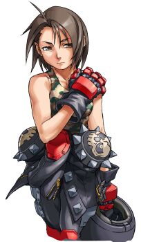 Rule 34 | 1girl, absurdres, brown eyes, brown hair, camouflage, camouflage shirt, clothes around waist, cropped legs, edaki shin'ya, expressionless, feet out of frame, game cg, gloves, hand on own shoulder, highres, jacket, jacket around waist, justice gakuen, kazama akira, knee pads, leather, leather pants, looking to the side, moero! justice gakuen, non-web source, official art, pants, photoshop (medium), shin guards, shirt, short hair, simple background, skull print, sleeveless, sleeveless shirt, solo, spikes, standing, white background