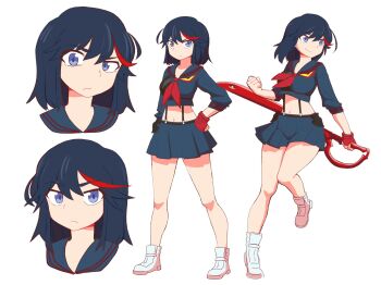 Rule 34 | 1girl, black hair, black sailor collar, black shirt, black skirt, blue eyes, brownish hare, clenched hand, commentary, english commentary, full body, gloves, highres, kill la kill, looking at viewer, looking to the side, matoi ryuuko, midriff, miniskirt, multicolored hair, multiple views, navel, red gloves, red hair, sailor collar, scissor blade (kill la kill), senketsu, shirt, shoes, simple background, single glove, skirt, smile, streaked hair, suspenders, upper body, white background, white shoes
